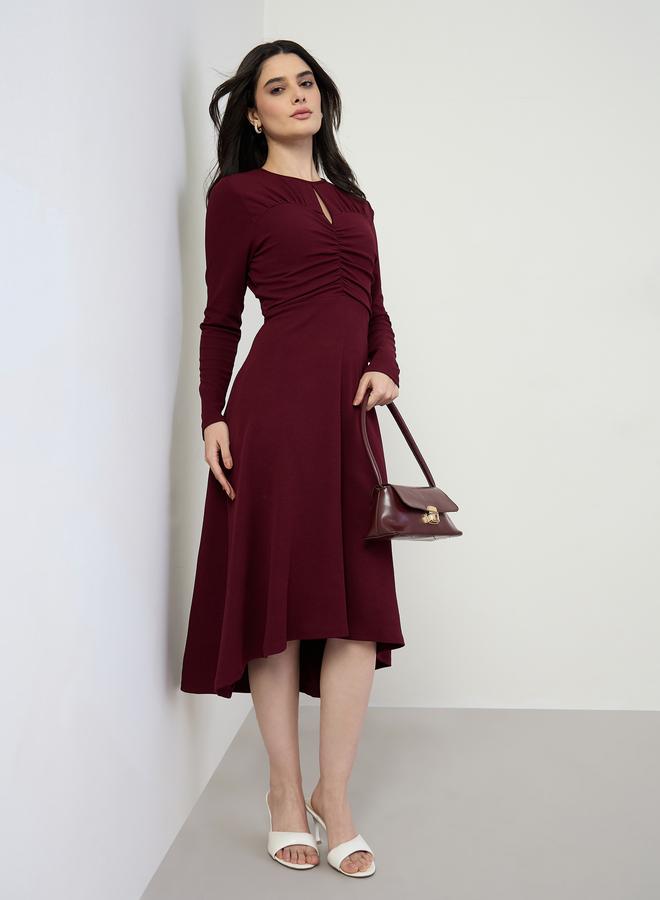 Styli Women Burgundy Long Sleeves A-Line Midi Dress - Image 2